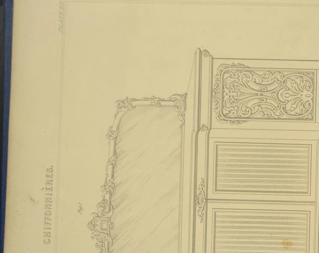 An illustration from The Cabinet-Maker's Assistant, a series of original designs for modern furniture, with descriptions and details of construction, preceded by practical observations on the materials and manufacture of cabinet-work, and instructions in drawing adapted to the trade, 1853, leaf 98