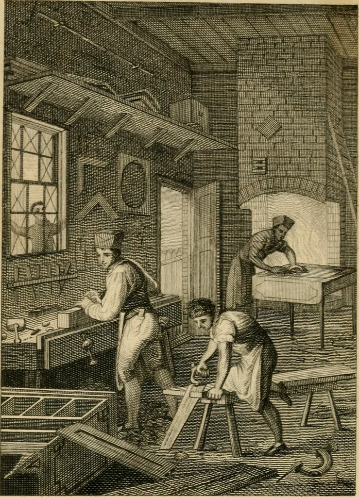 An illustration from The cabinet maker's guide, or, Rules and instructions in the art of varnishing, dying, staining, japanning, polishing, lackering, and beautifying wood, ivory, tortoiseshell, & metal : with observations on their management and application : including an appendix, containing several valuable tables, 1837, leaf 5