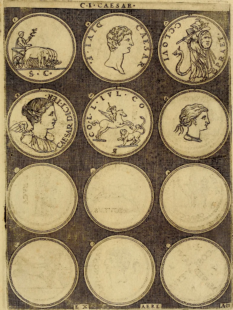 An illustration from Omnivm Caesarvm verissimae imagines ex antiqvis nvmismatis desvmptae : addita per brevi cvivsque vitae descriptiones ac diligenti eorvm, qvae reperiri potvervnt nvmismatvm, aversae partis delineatione. Libri primi, 1554, leaf 10