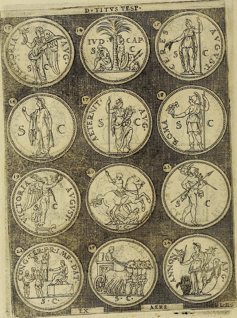 An illustration from Omnivm Caesarvm verissimae imagines ex antiqvis nvmismatis desvmptae : addita per brevi cvivsque vitae descriptiones ac diligenti eorvm, qvae reperiri potvervnt nvmismatvm, aversae partis delineatione. Libri primi, 1554, leaf 103