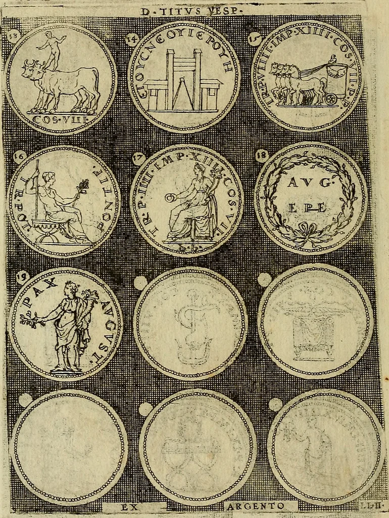 An illustration from Omnivm Caesarvm verissimae imagines ex antiqvis nvmismatis desvmptae : addita per brevi cvivsque vitae descriptiones ac diligenti eorvm, qvae reperiri potvervnt nvmismatvm, aversae partis delineatione. Libri primi, 1554, leaf 107