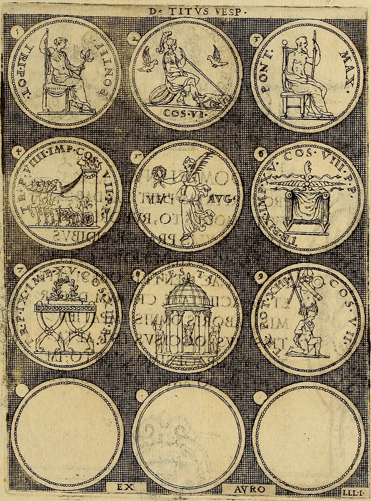 An illustration from Omnivm Caesarvm verissimae imagines ex antiqvis nvmismatis desvmptae : addita per brevi cvivsque vitae descriptiones ac diligenti eorvm, qvae reperiri potvervnt nvmismatvm, aversae partis delineatione. Libri primi, 1554, leaf 108