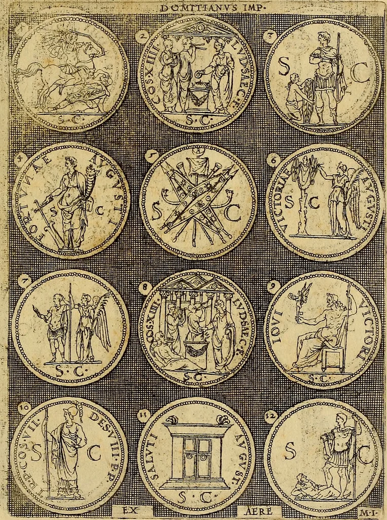 An illustration from Omnivm Caesarvm verissimae imagines ex antiqvis nvmismatis desvmptae : addita per brevi cvivsque vitae descriptiones ac diligenti eorvm, qvae reperiri potvervnt nvmismatvm, aversae partis delineatione. Libri primi, 1554, leaf 112