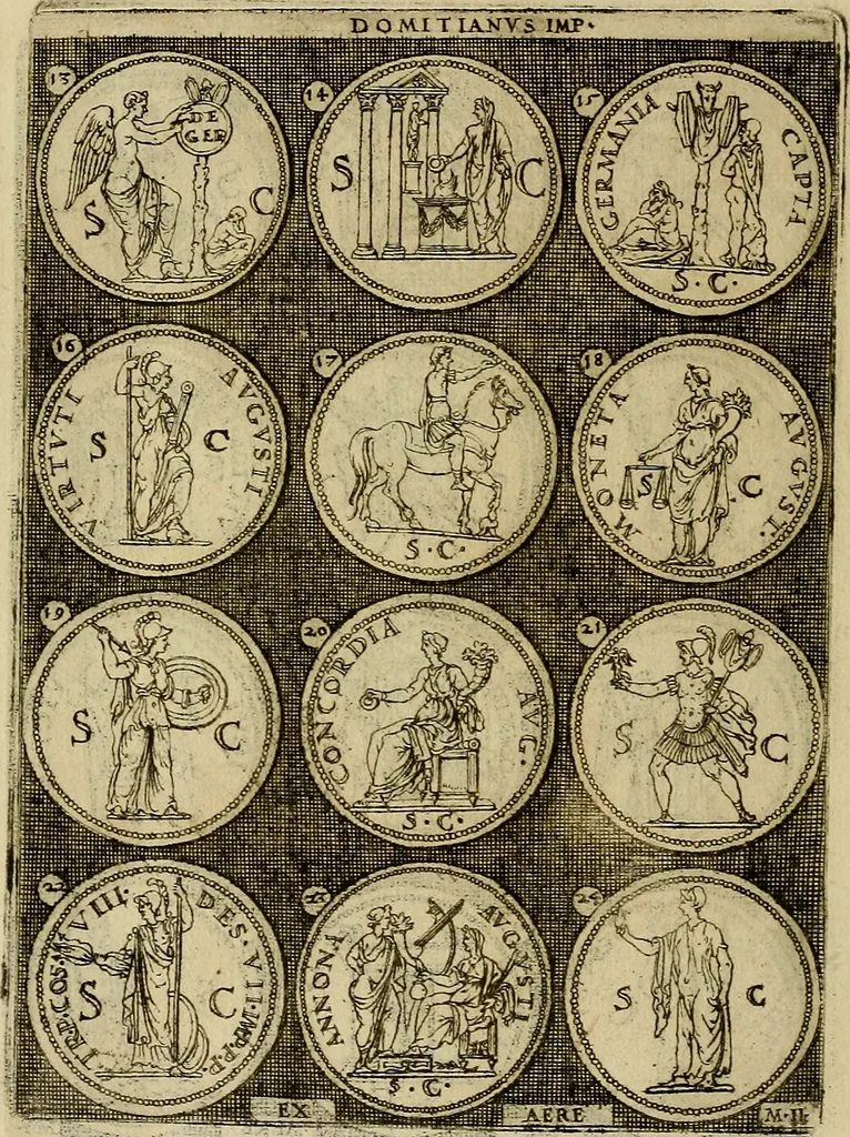 An illustration from Omnivm Caesarvm verissimae imagines ex antiqvis nvmismatis desvmptae : addita per brevi cvivsque vitae descriptiones ac diligenti eorvm, qvae reperiri potvervnt nvmismatvm, aversae partis delineatione. Libri primi, 1554, leaf 113