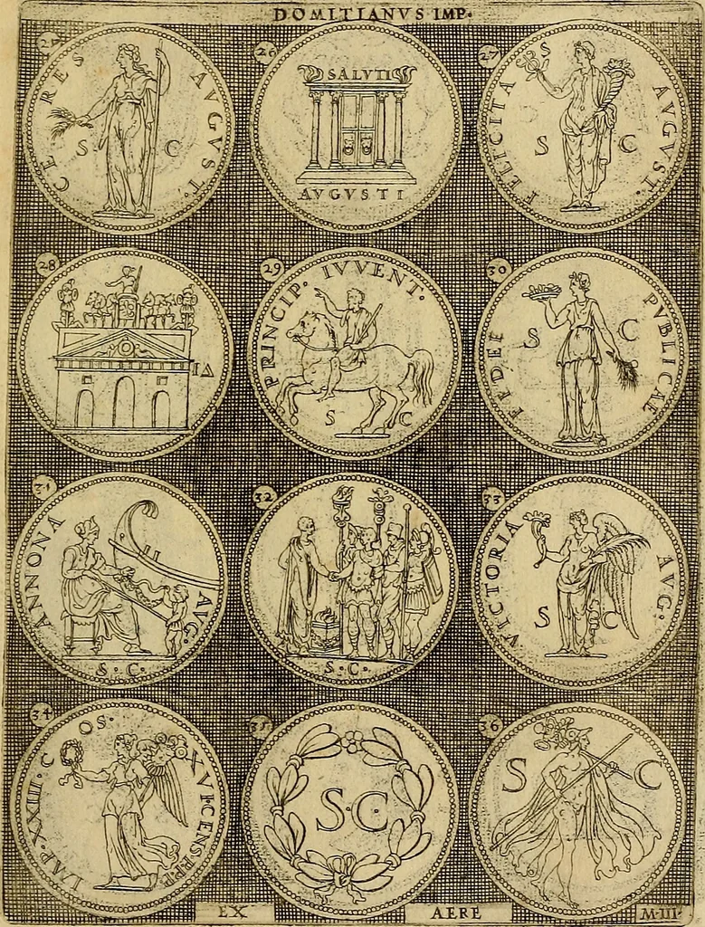 An illustration from Omnivm Caesarvm verissimae imagines ex antiqvis nvmismatis desvmptae : addita per brevi cvivsque vitae descriptiones ac diligenti eorvm, qvae reperiri potvervnt nvmismatvm, aversae partis delineatione. Libri primi, 1554, leaf 114