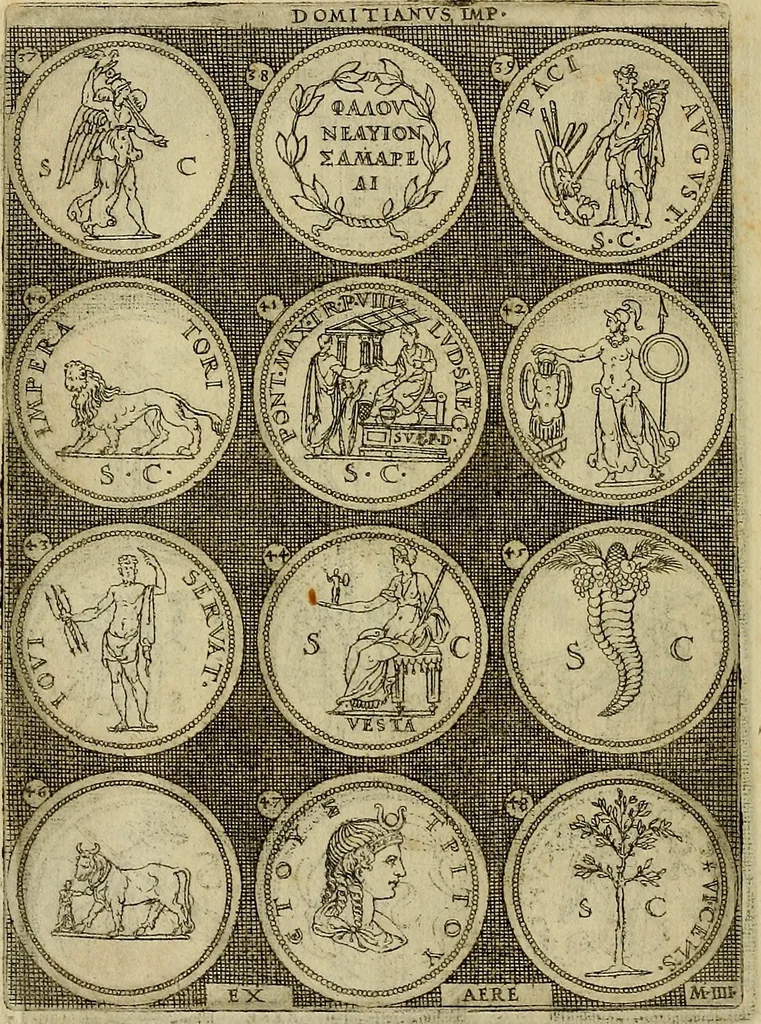 An illustration from Omnivm Caesarvm verissimae imagines ex antiqvis nvmismatis desvmptae : addita per brevi cvivsque vitae descriptiones ac diligenti eorvm, qvae reperiri potvervnt nvmismatvm, aversae partis delineatione. Libri primi, 1554, leaf 115