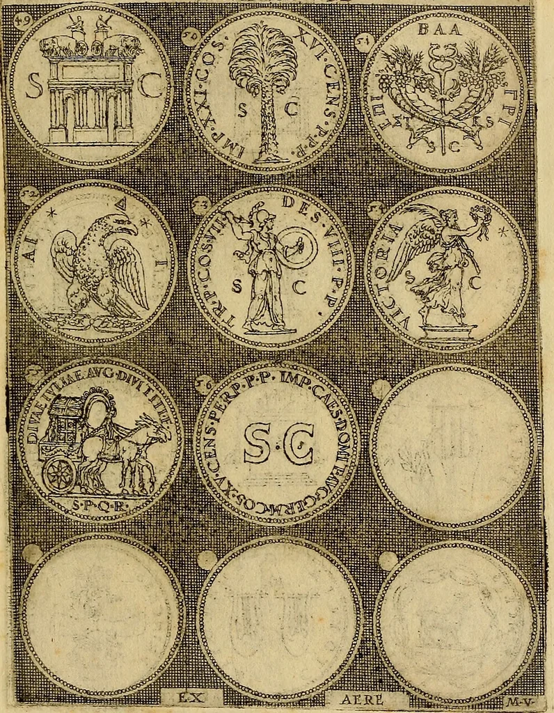 An illustration from Omnivm Caesarvm verissimae imagines ex antiqvis nvmismatis desvmptae : addita per brevi cvivsque vitae descriptiones ac diligenti eorvm, qvae reperiri potvervnt nvmismatvm, aversae partis delineatione. Libri primi, 1554, leaf 116