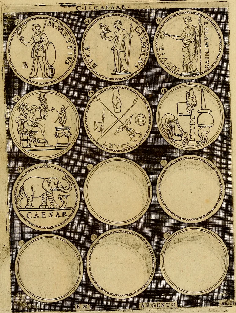 An illustration from Omnivm Caesarvm verissimae imagines ex antiqvis nvmismatis desvmptae : addita per brevi cvivsque vitae descriptiones ac diligenti eorvm, qvae reperiri potvervnt nvmismatvm, aversae partis delineatione. Libri primi, 1554, leaf 12