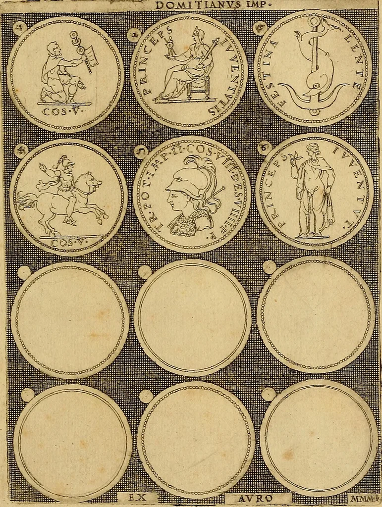 An illustration from Omnivm Caesarvm verissimae imagines ex antiqvis nvmismatis desvmptae : addita per brevi cvivsque vitae descriptiones ac diligenti eorvm, qvae reperiri potvervnt nvmismatvm, aversae partis delineatione. Libri primi, 1554, leaf 120