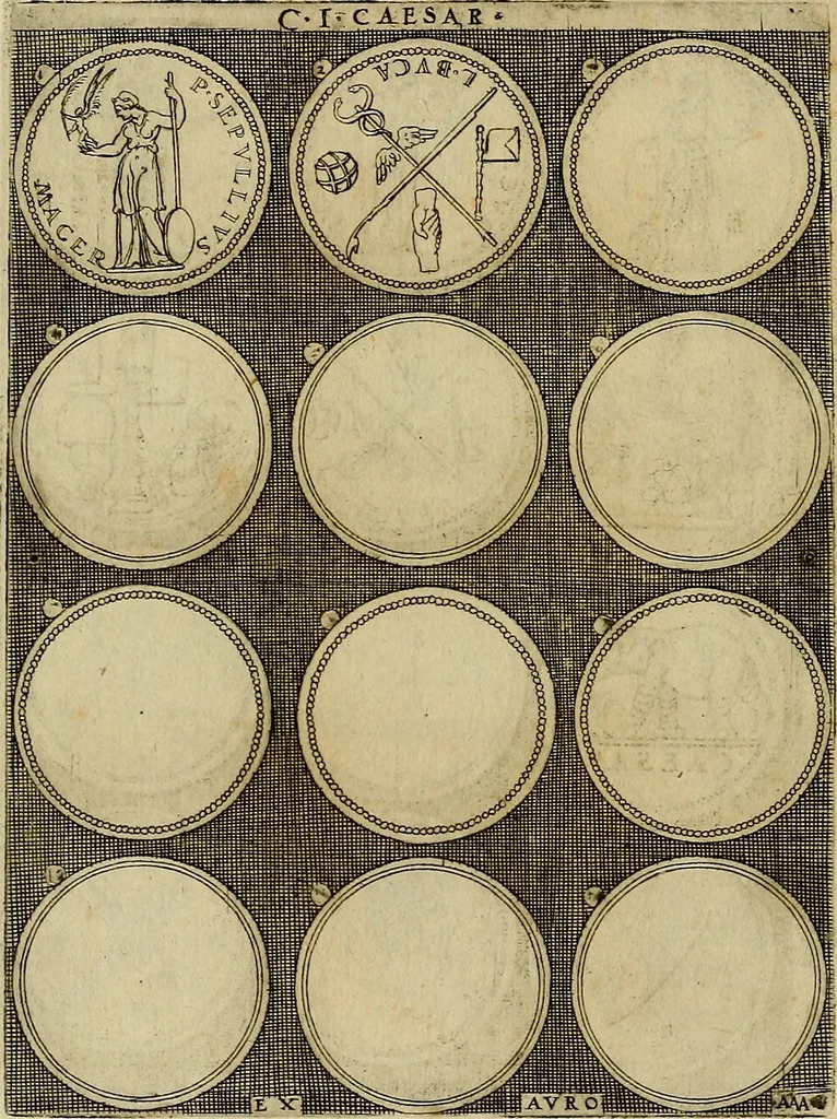 An illustration from Omnivm Caesarvm verissimae imagines ex antiqvis nvmismatis desvmptae : addita per brevi cvivsque vitae descriptiones ac diligenti eorvm, qvae reperiri potvervnt nvmismatvm, aversae partis delineatione. Libri primi, 1554, leaf 13