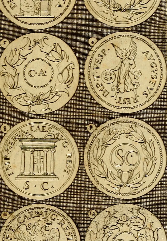 An illustration from Omnivm Caesarvm verissimae imagines ex antiqvis nvmismatis desvmptae : addita per brevi cvivsque vitae descriptiones ac diligenti eorvm, qvae reperiri potvervnt nvmismatvm, aversae partis delineatione. Libri primi, 1554, leaf 18
