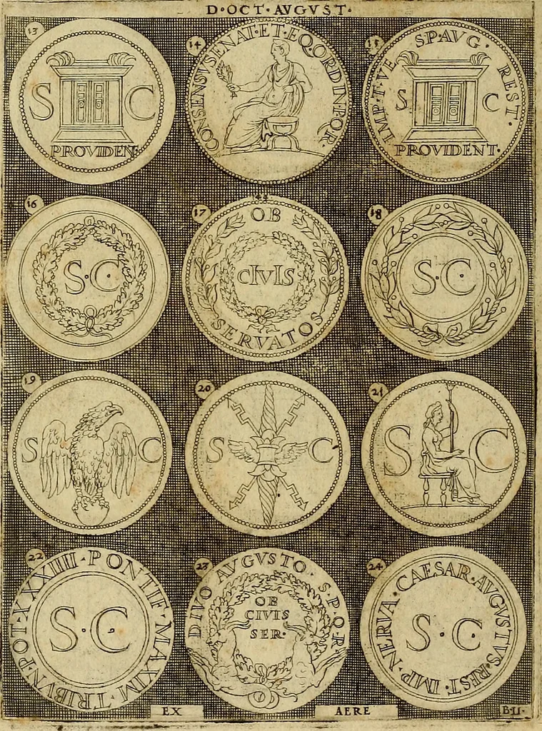 An illustration from Omnivm Caesarvm verissimae imagines ex antiqvis nvmismatis desvmptae : addita per brevi cvivsque vitae descriptiones ac diligenti eorvm, qvae reperiri potvervnt nvmismatvm, aversae partis delineatione. Libri primi, 1554, leaf 19