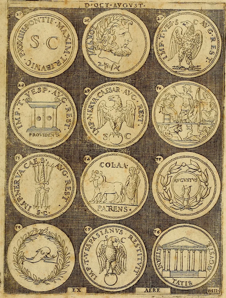 An illustration from Omnivm Caesarvm verissimae imagines ex antiqvis nvmismatis desvmptae : addita per brevi cvivsque vitae descriptiones ac diligenti eorvm, qvae reperiri potvervnt nvmismatvm, aversae partis delineatione. Libri primi, 1554, leaf 20