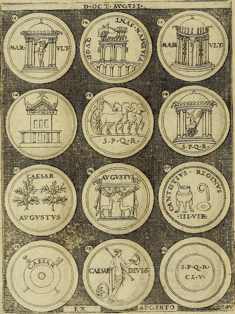 An illustration from Omnivm Caesarvm verissimae imagines ex antiqvis nvmismatis desvmptae : addita per brevi cvivsque vitae descriptiones ac diligenti eorvm, qvae reperiri potvervnt nvmismatvm, aversae partis delineatione. Libri primi, 1554, leaf 27