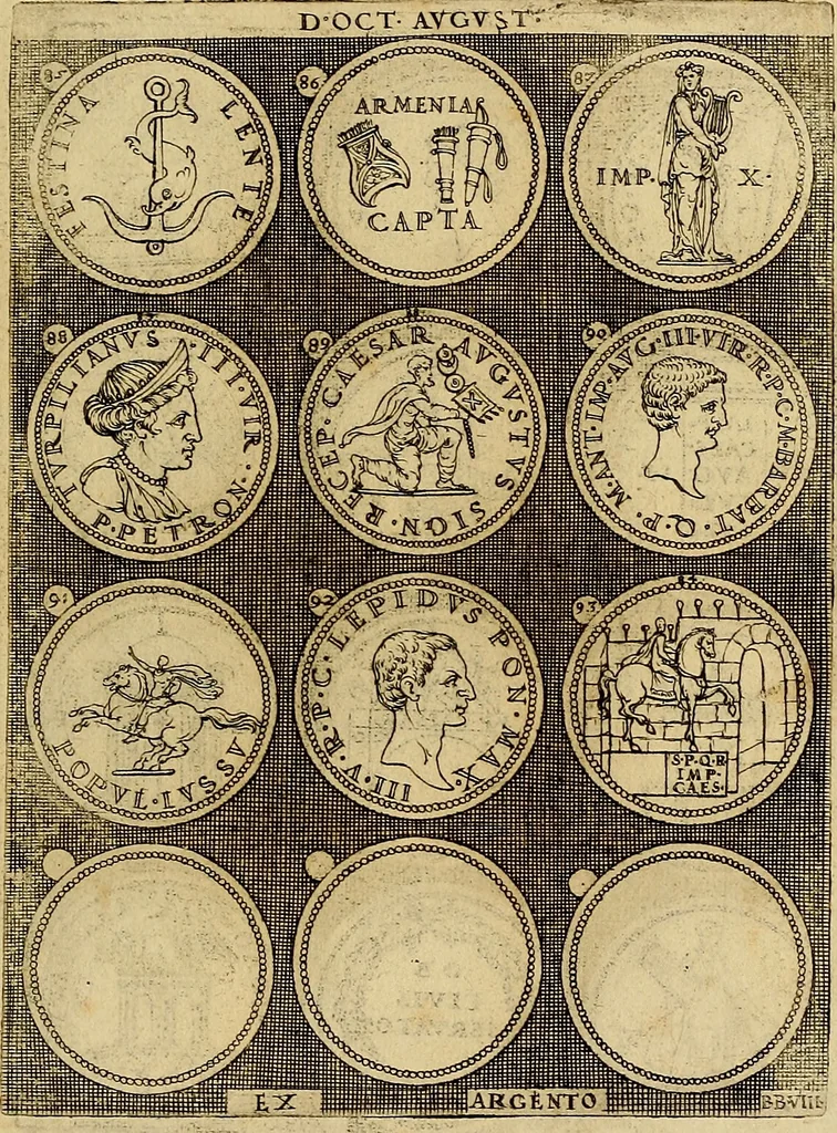An illustration from Omnivm Caesarvm verissimae imagines ex antiqvis nvmismatis desvmptae : addita per brevi cvivsque vitae descriptiones ac diligenti eorvm, qvae reperiri potvervnt nvmismatvm, aversae partis delineatione. Libri primi, 1554, leaf 30