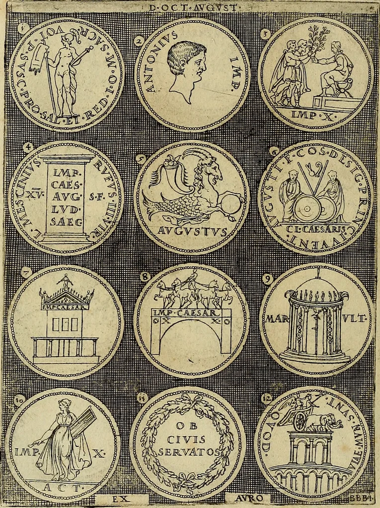 An illustration from Omnivm Caesarvm verissimae imagines ex antiqvis nvmismatis desvmptae : addita per brevi cvivsque vitae descriptiones ac diligenti eorvm, qvae reperiri potvervnt nvmismatvm, aversae partis delineatione. Libri primi, 1554, leaf 31
