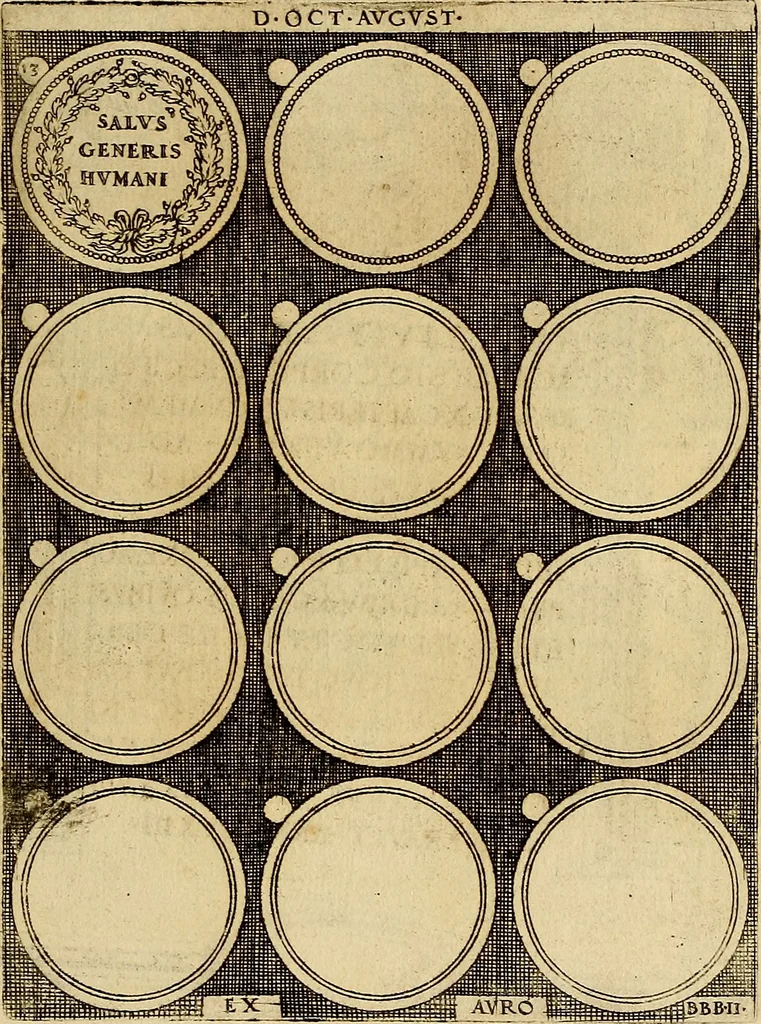An illustration from Omnivm Caesarvm verissimae imagines ex antiqvis nvmismatis desvmptae : addita per brevi cvivsque vitae descriptiones ac diligenti eorvm, qvae reperiri potvervnt nvmismatvm, aversae partis delineatione. Libri primi, 1554, leaf 32