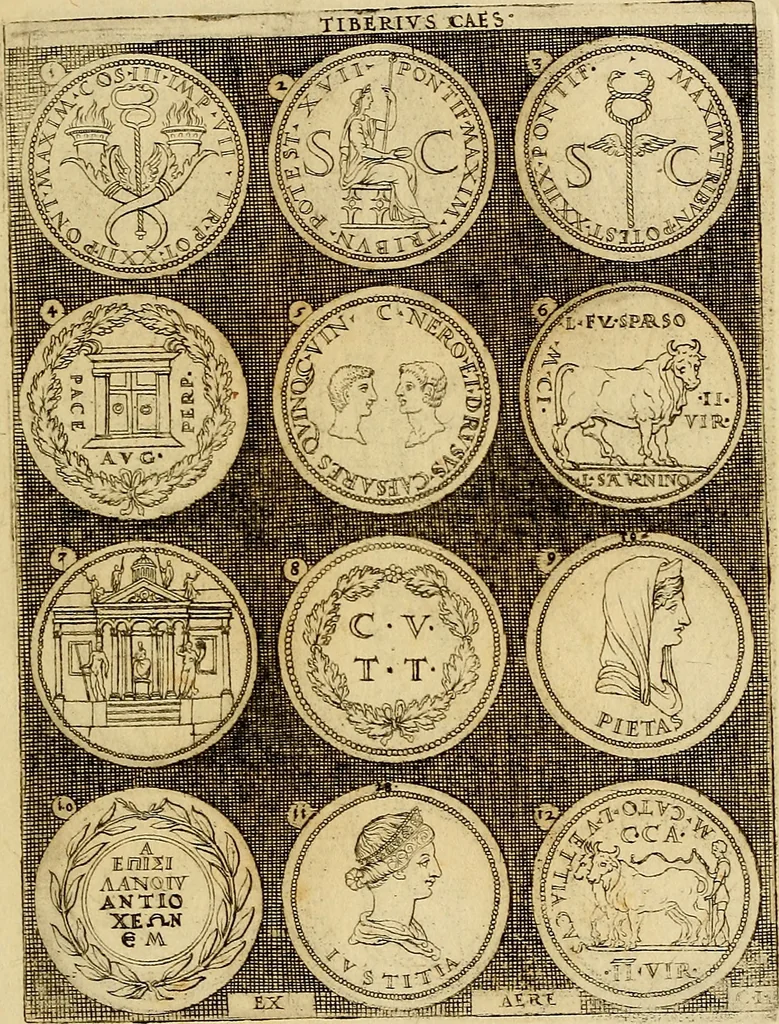 An illustration from Omnivm Caesarvm verissimae imagines ex antiqvis nvmismatis desvmptae : addita per brevi cvivsque vitae descriptiones ac diligenti eorvm, qvae reperiri potvervnt nvmismatvm, aversae partis delineatione. Libri primi, 1554, leaf 36