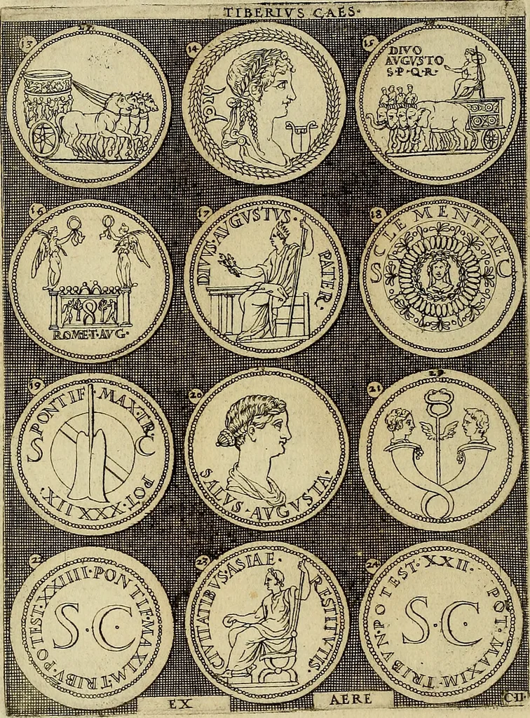 An illustration from Omnivm Caesarvm verissimae imagines ex antiqvis nvmismatis desvmptae : addita per brevi cvivsque vitae descriptiones ac diligenti eorvm, qvae reperiri potvervnt nvmismatvm, aversae partis delineatione. Libri primi, 1554, leaf 37