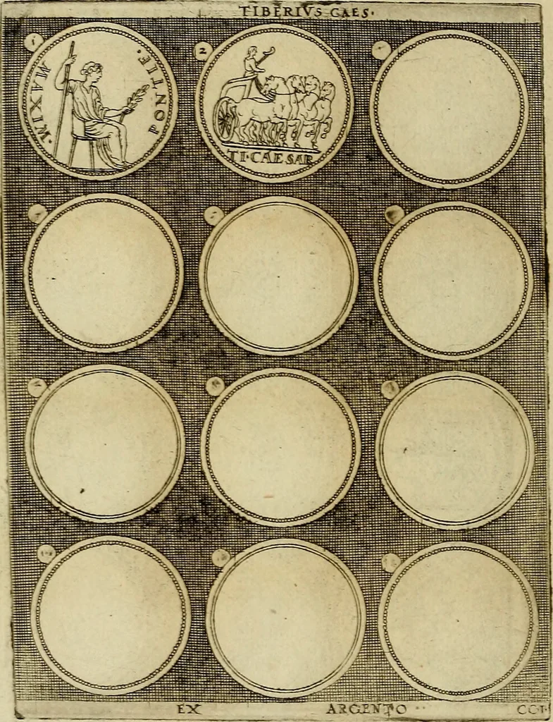 An illustration from Omnivm Caesarvm verissimae imagines ex antiqvis nvmismatis desvmptae : addita per brevi cvivsque vitae descriptiones ac diligenti eorvm, qvae reperiri potvervnt nvmismatvm, aversae partis delineatione. Libri primi, 1554, leaf 39