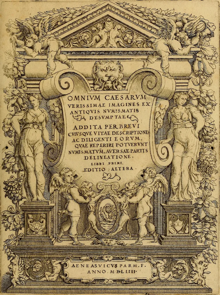 An illustration from Omnivm Caesarvm verissimae imagines ex antiqvis nvmismatis desvmptae : addita per brevi cvivsque vitae descriptiones ac diligenti eorvm, qvae reperiri potvervnt nvmismatvm, aversae partis delineatione. Libri primi, 1554, leaf 4