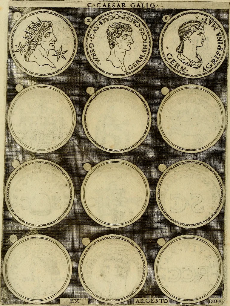 An illustration from Omnivm Caesarvm verissimae imagines ex antiqvis nvmismatis desvmptae : addita per brevi cvivsque vitae descriptiones ac diligenti eorvm, qvae reperiri potvervnt nvmismatvm, aversae partis delineatione. Libri primi, 1554, leaf 45