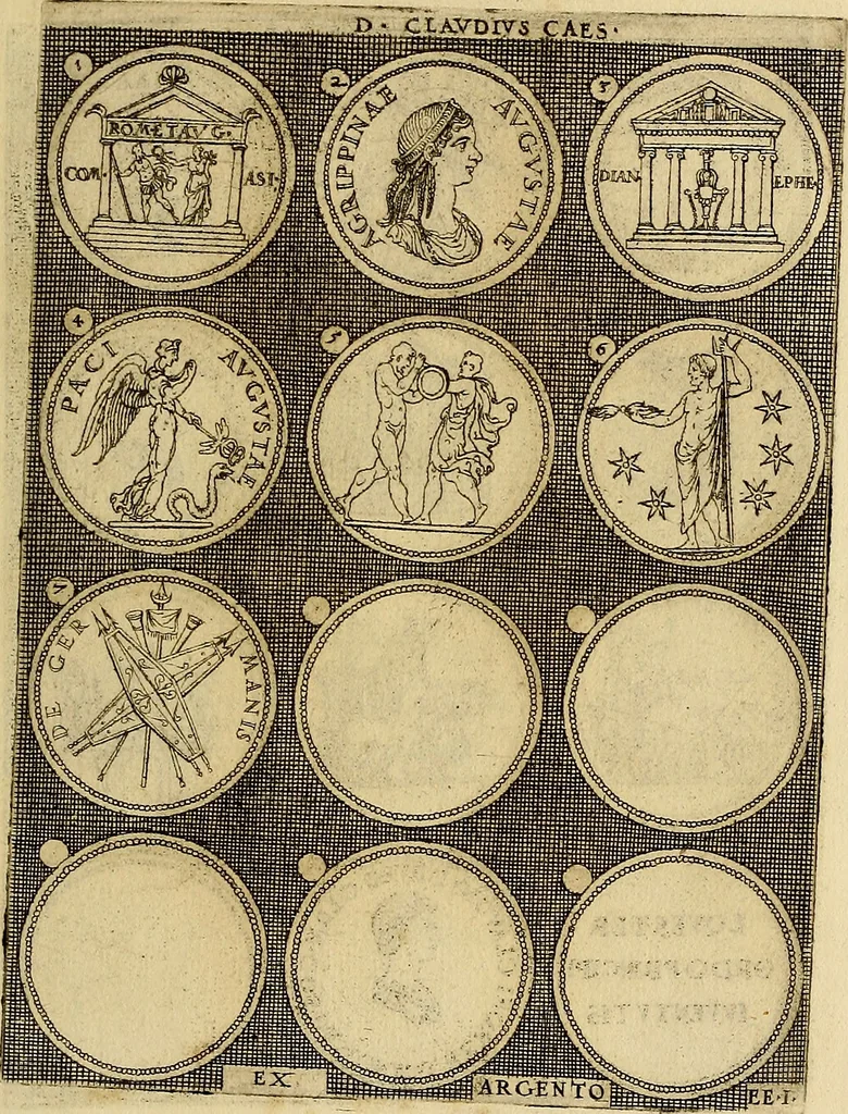 An illustration from Omnivm Caesarvm verissimae imagines ex antiqvis nvmismatis desvmptae : addita per brevi cvivsque vitae descriptiones ac diligenti eorvm, qvae reperiri potvervnt nvmismatvm, aversae partis delineatione. Libri primi, 1554, leaf 52