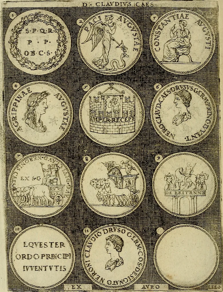An illustration from Omnivm Caesarvm verissimae imagines ex antiqvis nvmismatis desvmptae : addita per brevi cvivsque vitae descriptiones ac diligenti eorvm, qvae reperiri potvervnt nvmismatvm, aversae partis delineatione. Libri primi, 1554, leaf 53