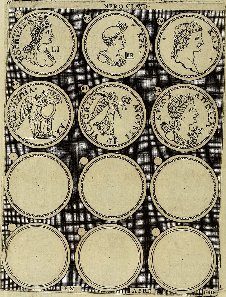 An illustration from Omnivm Caesarvm verissimae imagines ex antiqvis nvmismatis desvmptae : addita per brevi cvivsque vitae descriptiones ac diligenti eorvm, qvae reperiri potvervnt nvmismatvm, aversae partis delineatione. Libri primi, 1554, leaf 61