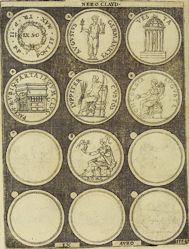 An illustration from Omnivm Caesarvm verissimae imagines ex antiqvis nvmismatis desvmptae : addita per brevi cvivsque vitae descriptiones ac diligenti eorvm, qvae reperiri potvervnt nvmismatvm, aversae partis delineatione. Libri primi, 1554, leaf 63
