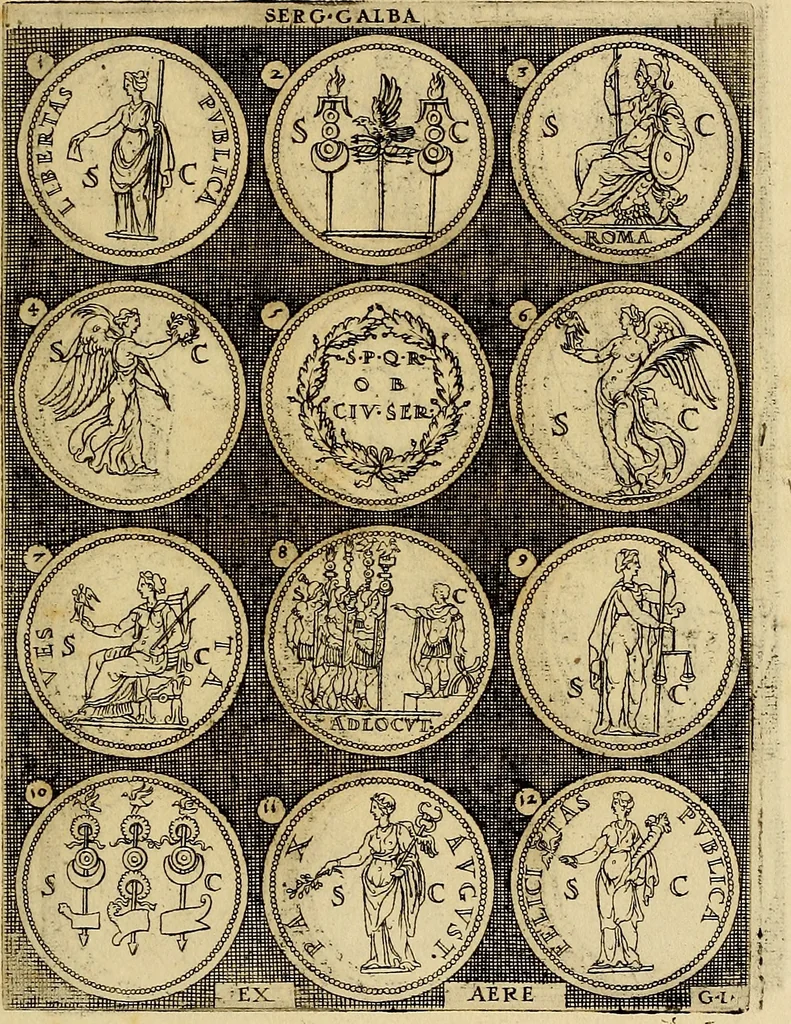 An illustration from Omnivm Caesarvm verissimae imagines ex antiqvis nvmismatis desvmptae : addita per brevi cvivsque vitae descriptiones ac diligenti eorvm, qvae reperiri potvervnt nvmismatvm, aversae partis delineatione. Libri primi, 1554, leaf 68
