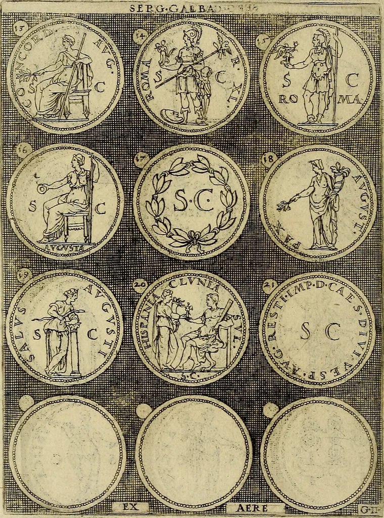 An illustration from Omnivm Caesarvm verissimae imagines ex antiqvis nvmismatis desvmptae : addita per brevi cvivsque vitae descriptiones ac diligenti eorvm, qvae reperiri potvervnt nvmismatvm, aversae partis delineatione. Libri primi, 1554, leaf 69