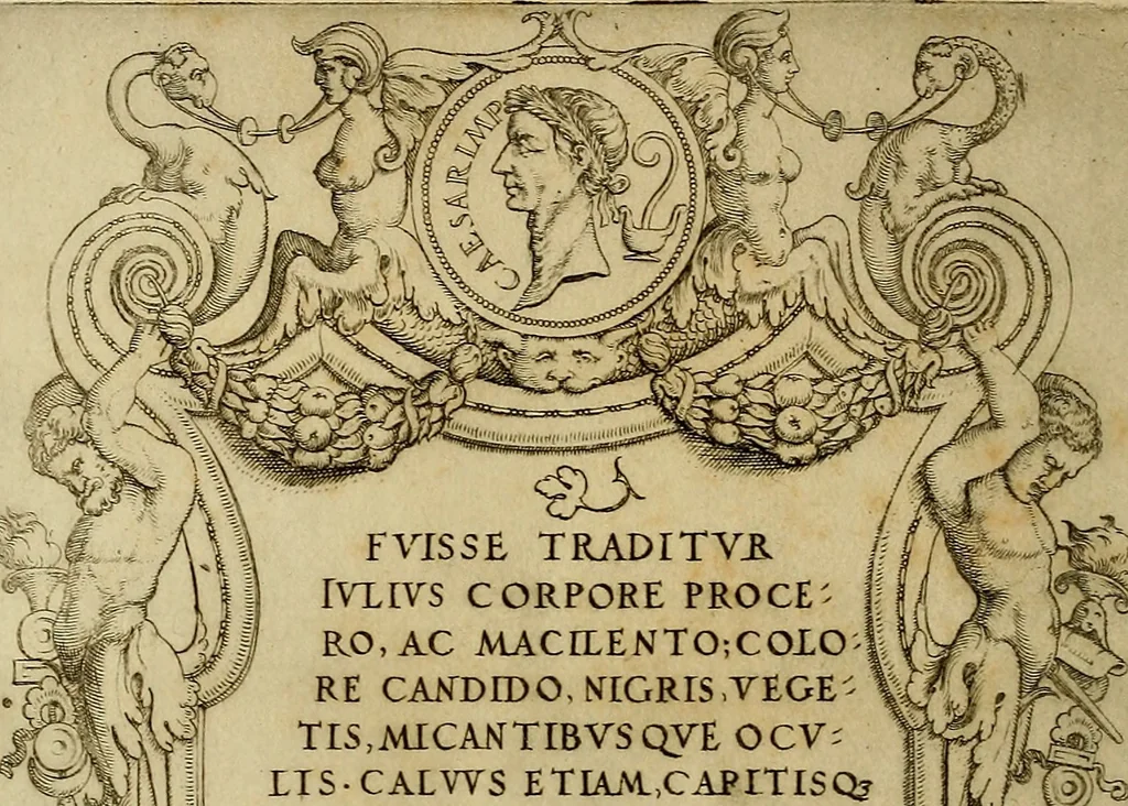 An illustration from Omnivm Caesarvm verissimae imagines ex antiqvis nvmismatis desvmptae : addita per brevi cvivsque vitae descriptiones ac diligenti eorvm, qvae reperiri potvervnt nvmismatvm, aversae partis delineatione. Libri primi, 1554, leaf 7