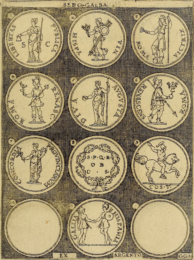 An illustration from Omnivm Caesarvm verissimae imagines ex antiqvis nvmismatis desvmptae : addita per brevi cvivsque vitae descriptiones ac diligenti eorvm, qvae reperiri potvervnt nvmismatvm, aversae partis delineatione. Libri primi, 1554, leaf 70