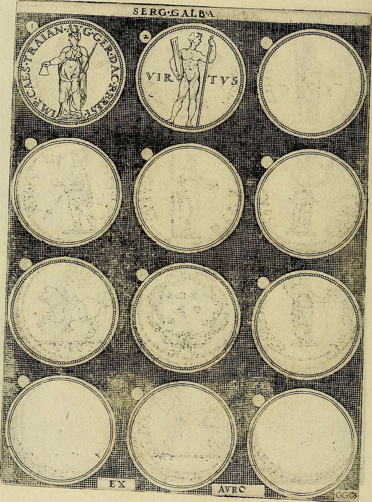 An illustration from Omnivm Caesarvm verissimae imagines ex antiqvis nvmismatis desvmptae : addita per brevi cvivsque vitae descriptiones ac diligenti eorvm, qvae reperiri potvervnt nvmismatvm, aversae partis delineatione. Libri primi, 1554, leaf 71