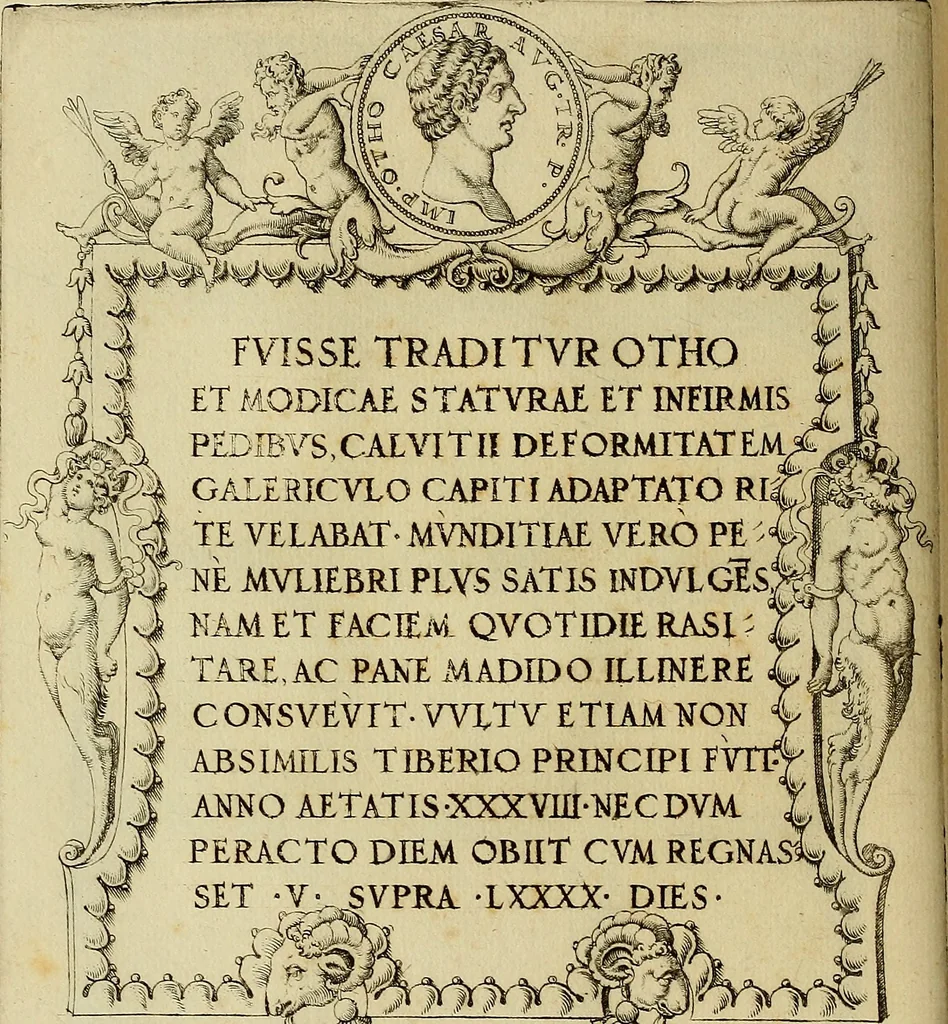 An illustration from Omnivm Caesarvm verissimae imagines ex antiqvis nvmismatis desvmptae : addita per brevi cvivsque vitae descriptiones ac diligenti eorvm, qvae reperiri potvervnt nvmismatvm, aversae partis delineatione. Libri primi, 1554, leaf 73