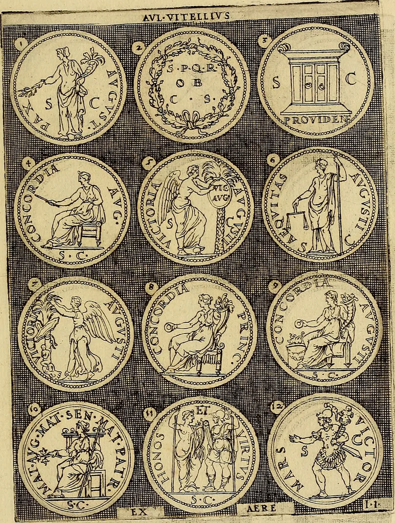 An illustration from Omnivm Caesarvm verissimae imagines ex antiqvis nvmismatis desvmptae : addita per brevi cvivsque vitae descriptiones ac diligenti eorvm, qvae reperiri potvervnt nvmismatvm, aversae partis delineatione. Libri primi, 1554, leaf 82