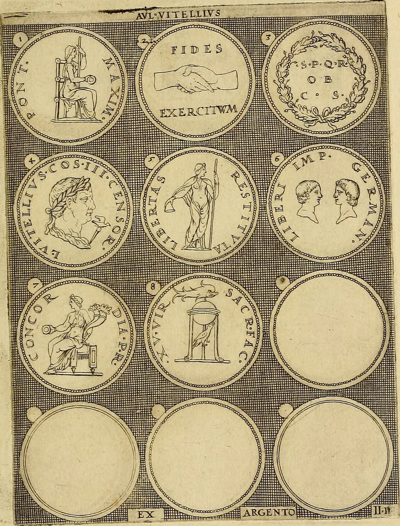 An illustration from Omnivm Caesarvm verissimae imagines ex antiqvis nvmismatis desvmptae : addita per brevi cvivsque vitae descriptiones ac diligenti eorvm, qvae reperiri potvervnt nvmismatvm, aversae partis delineatione. Libri primi, 1554, leaf 84