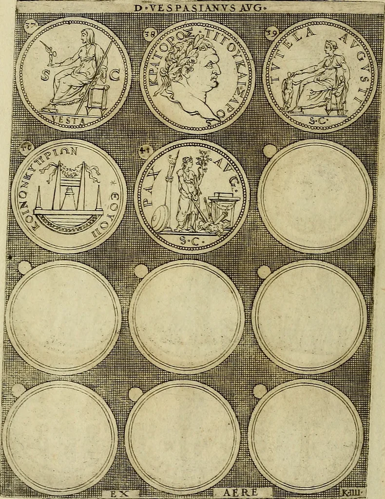 An illustration from Omnivm Caesarvm verissimae imagines ex antiqvis nvmismatis desvmptae : addita per brevi cvivsque vitae descriptiones ac diligenti eorvm, qvae reperiri potvervnt nvmismatvm, aversae partis delineatione. Libri primi, 1554, leaf 93