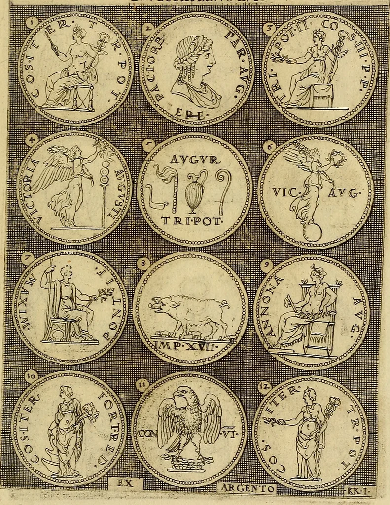 An illustration from Omnivm Caesarvm verissimae imagines ex antiqvis nvmismatis desvmptae : addita per brevi cvivsque vitae descriptiones ac diligenti eorvm, qvae reperiri potvervnt nvmismatvm, aversae partis delineatione. Libri primi, 1554, leaf 94