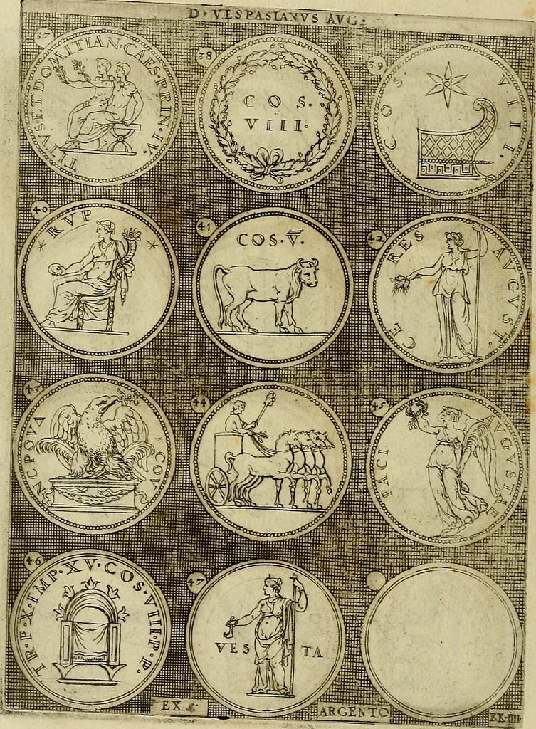 An illustration from Omnivm Caesarvm verissimae imagines ex antiqvis nvmismatis desvmptae : addita per brevi cvivsque vitae descriptiones ac diligenti eorvm, qvae reperiri potvervnt nvmismatvm, aversae partis delineatione. Libri primi, 1554, leaf 97
