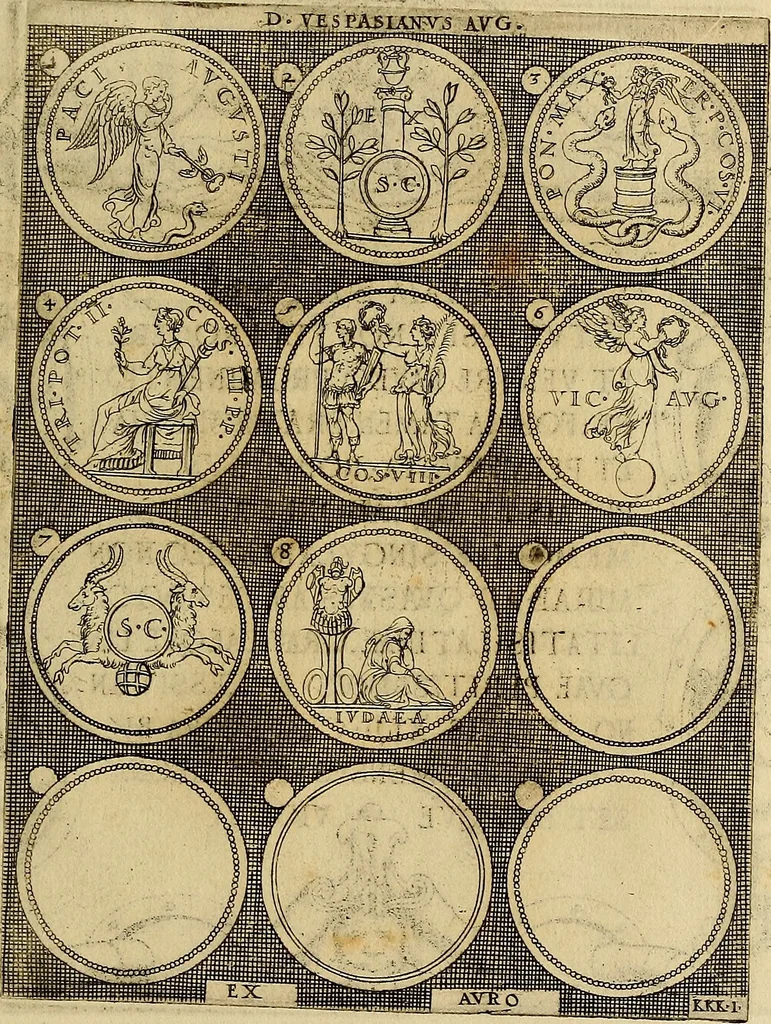 An illustration from Omnivm Caesarvm verissimae imagines ex antiqvis nvmismatis desvmptae : addita per brevi cvivsque vitae descriptiones ac diligenti eorvm, qvae reperiri potvervnt nvmismatvm, aversae partis delineatione. Libri primi, 1554, leaf 98