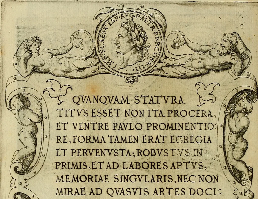 An illustration from Omnivm Caesarvm verissimae imagines ex antiqvis nvmismatis desvmptae : addita per brevi cvivsque vitae descriptiones ac diligenti eorvm, qvae reperiri potvervnt nvmismatvm, aversae partis delineatione. Libri primi, 1554, leaf 99
