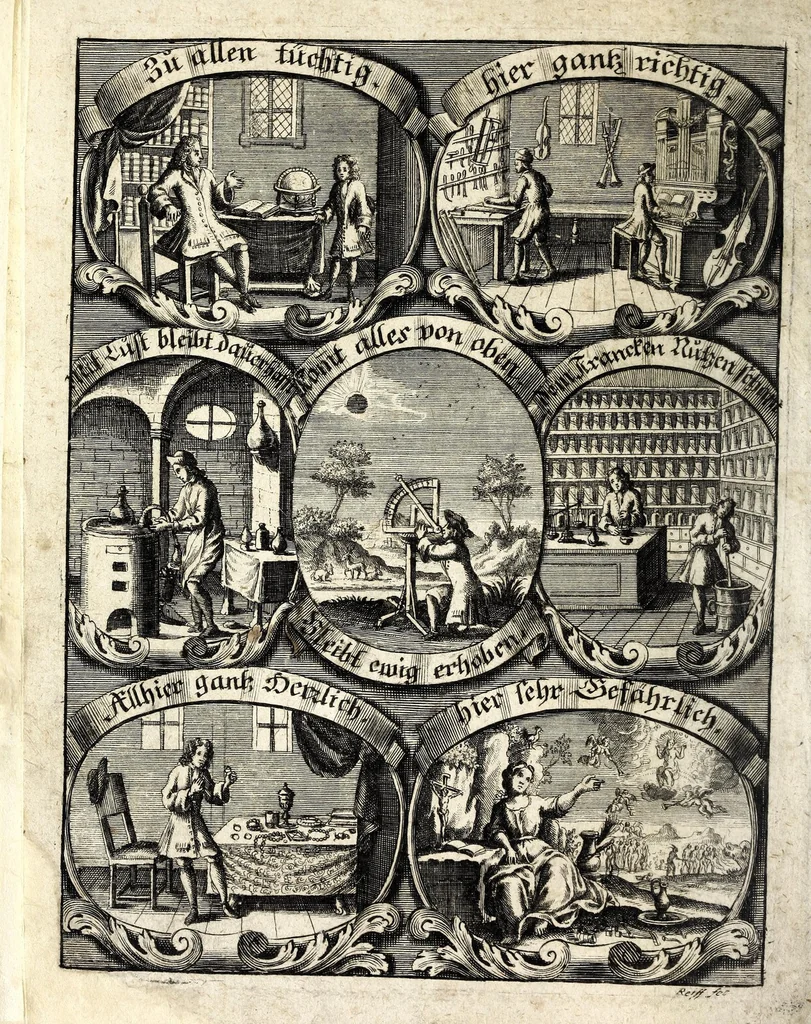 An illustration from Calendarium perpetuum universale, das ist, Immerwährender allgemeiner Calender : der Natur und Zucht, Kunst und Wissenschafft, Tugend und Gesundheit, Vernunfft und Weisheit, Wirthschafft und Vergnüglichkeit, Erbauung der Gemüts-Ruhe und Pflanzung der Seeligkeit : hohen, mittleren und niedrigen Standes-Personen auf den Horizont des Christl. Microcosmi gerichtet, und mit herrlichen Arcanitäten zu jedermännigliches besten bereichert und an das Tages-Licht geben : auch mit unterschiedlichen darzu nutzlichen und dienlichen Figuren gezieret, 1707, leaf 8