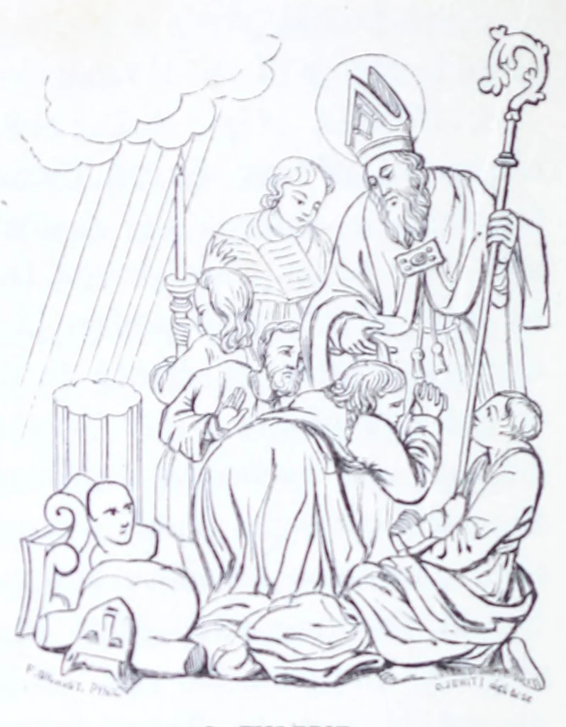 An illustration from The calendar of the Anglican Church illustrated : with brief accounts of the saints who have churches dedicated in their names, or whose images are most frequently met with in England : the early christian and medieval symbols : and an index of emblems, 1851, leaf 316