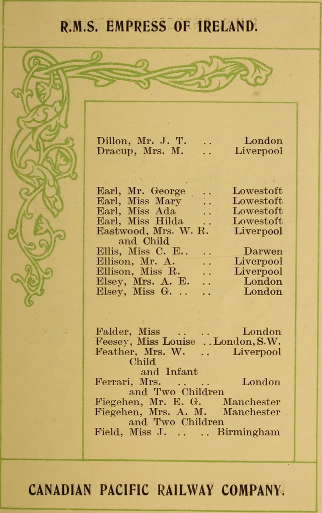 An illustration from Canadian Pacific Railway Company's Royal Mail Steamship Lines Atlantic service, 1911, leaf 14