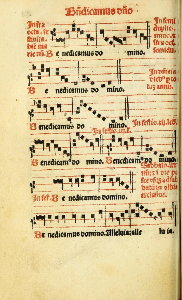 An illustration from Cantus monastici formula noviter impressa : ac in melius redacta : cui aliqua que deerant : consilio multoru[m] adiu[n]cta, 1523, leaf 84