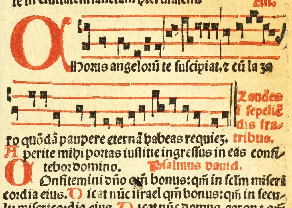 An illustration from Cantus monastici formula noviter impressa : ac in melius redacta : cui que deerant adjuncta : que vero superflua videbantur adempta sunt: cum tono lame[n]tationis hieremie prophete & aliquibus aliis cantibus mensuratis ipsi tempori co[n]gruis, 1535, leaf 173