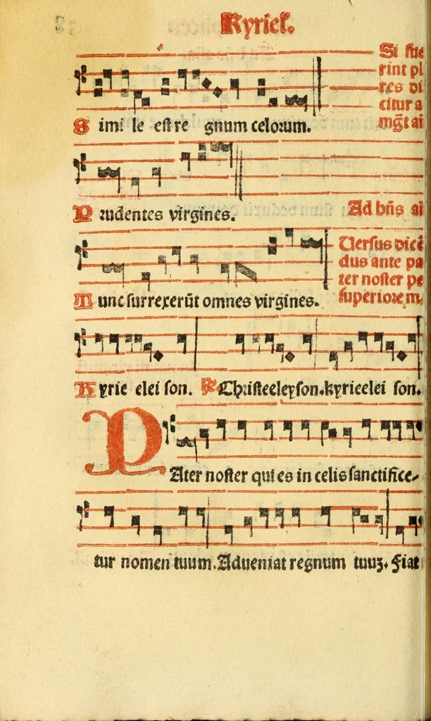 An illustration from Cantus monastici formula noviter impressa : ac in melius redacta : cui que deerant adjuncta : que vero superflua videbantur adempta sunt: cum tono lame[n]tationis hieremie prophete & aliquibus aliis cantibus mensuratis ipsi tempori co[n]gruis, 1535, leaf 84