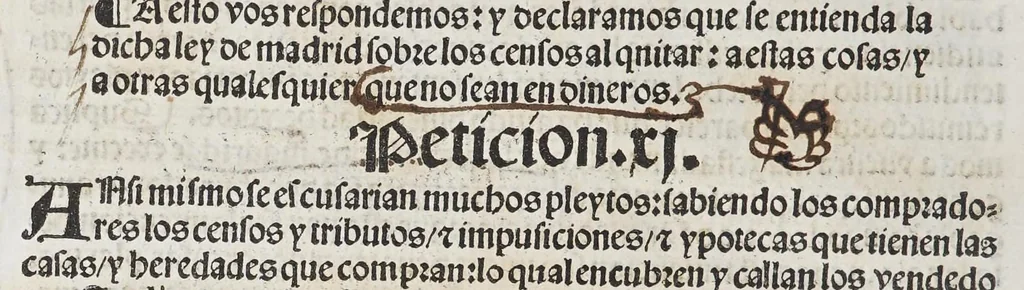 An illustration from Capitulos nueuamente concedidos por la S.C.C.M. del emperador y rey n[uest]ro señor: en las cortes que tuuo, y celebro en la ciudad de Toledo en el año passado de. M.D. y. xxxix. años. : Con la declaracion d[e] las pregmaticas d[e] las mulas, y q[ua]rtaos [sic]. Ju[n]tamente co[n] los capitulos dicedidos e[n] las cortes q[ue] assi mismo tuuo, y celebro e[n] la villa de Valladolid: este año de mill [et] quinie[n]tos y. xl. ii. años., 1542, leaf 12